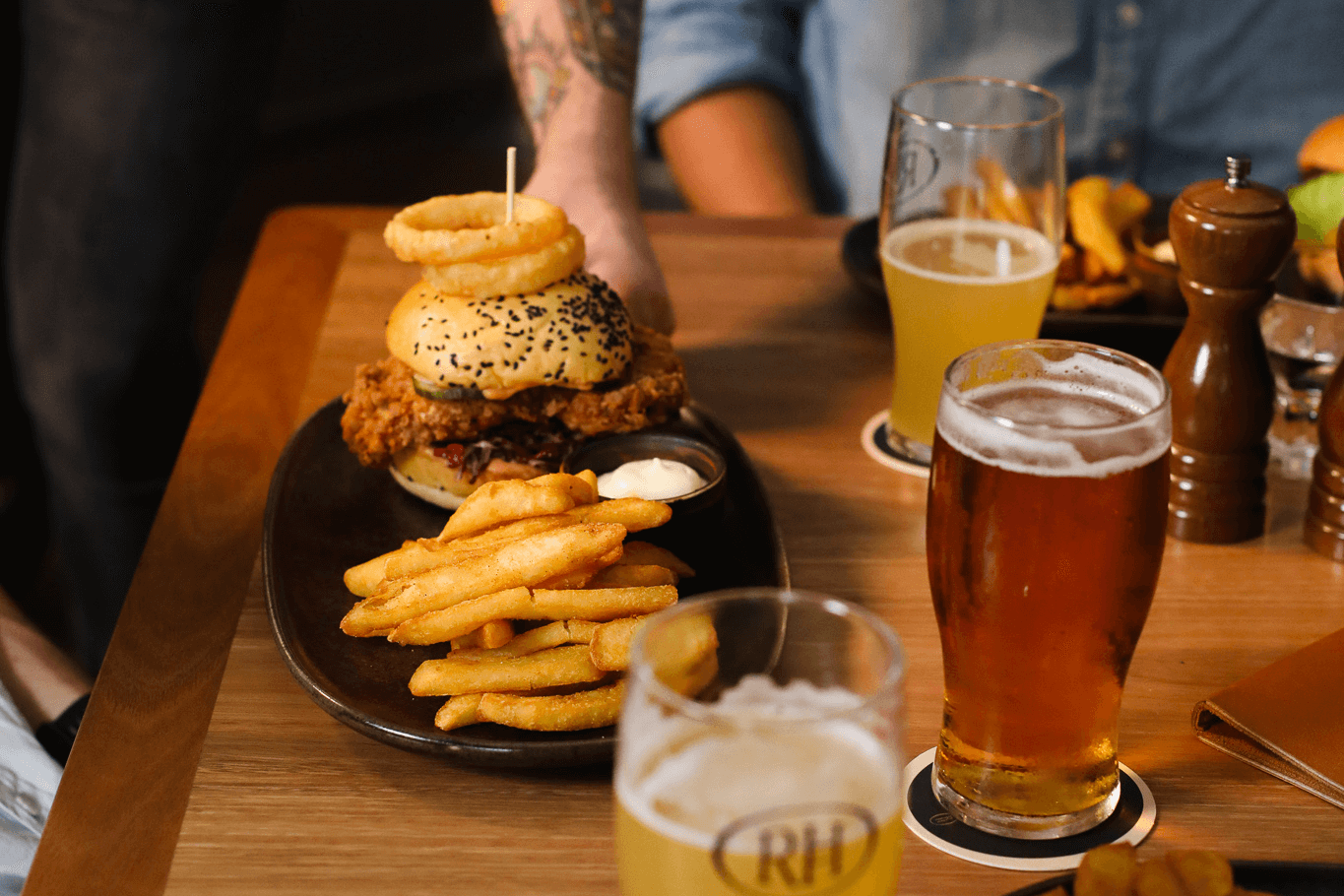 Burger dinner with glass of beer