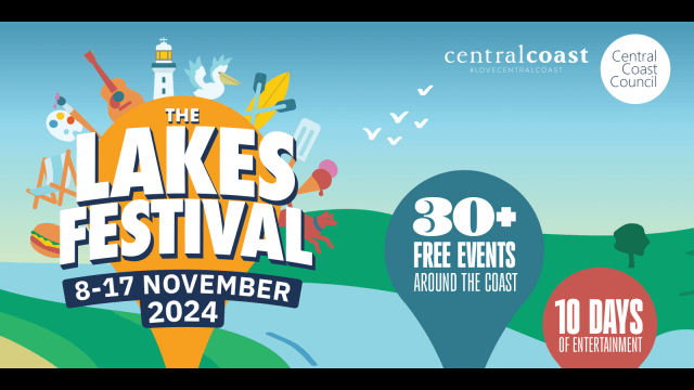 promotional banner of the lakes festival with graphics of a waterway