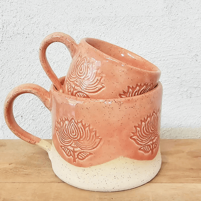 Pretty peach Mumma and me handmade stacked mugs