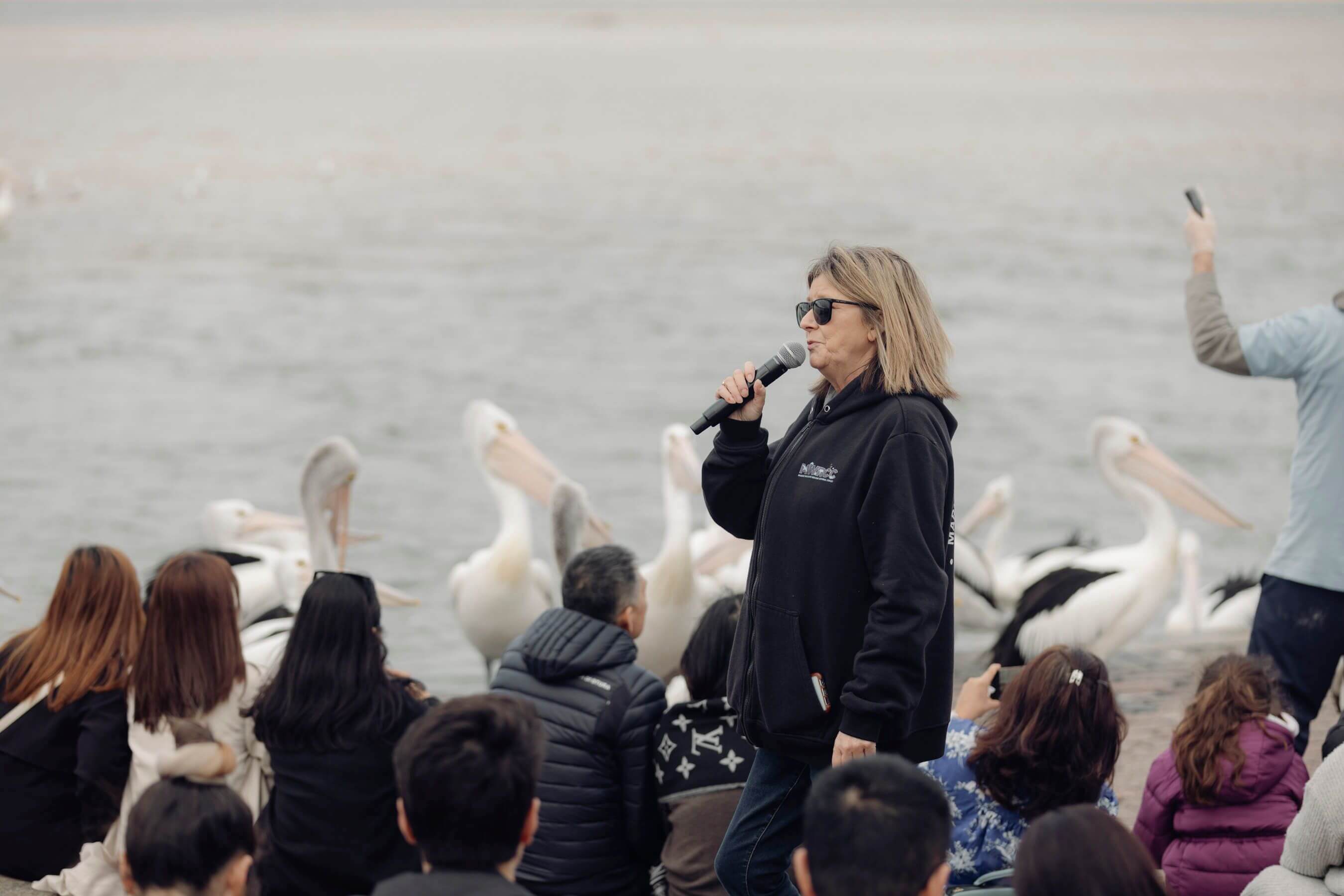 educational pelican time talk underway with a crowd