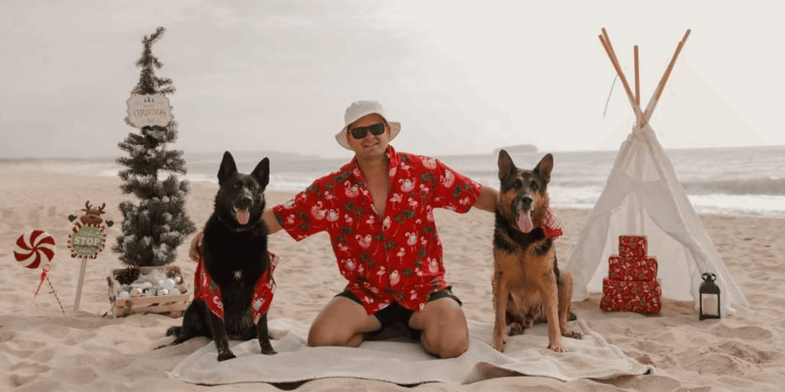 Christmas photo shoot on beach with pets