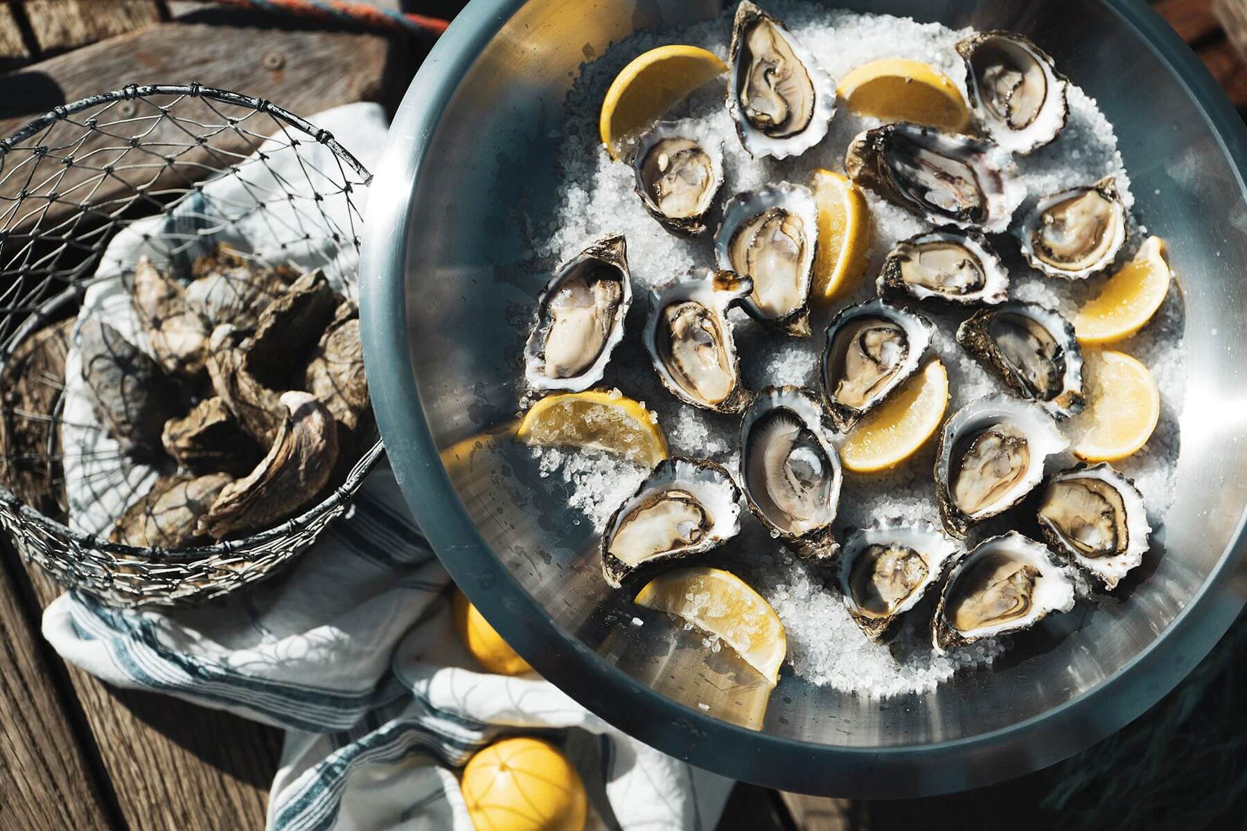 A bowl of sea salt with freshly shucked oysters and pieces of fresh lemon sitting on top