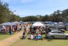 Busy market on a sunny day with stalls and people shopping